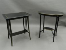 Two black and gold painted occasional tables. The rectangular table 61 cm long.