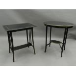 Two black and gold painted occasional tables. The rectangular table 61 cm long.
