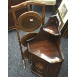 An Edwardian inlaid mahogany corner cupboard and an Edwardian three-tier cake stand.