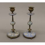A pair of Victorian Jasperware and brass candlesticks. 20 cm high.