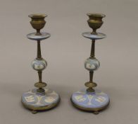 A pair of Victorian Jasperware and brass candlesticks. 20 cm high.