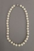 A pearl necklace with diamond set spacers. 43 cm long.