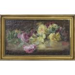 Roses, oil on canvas, indistinctly signed, framed. 49 x 27 cm.