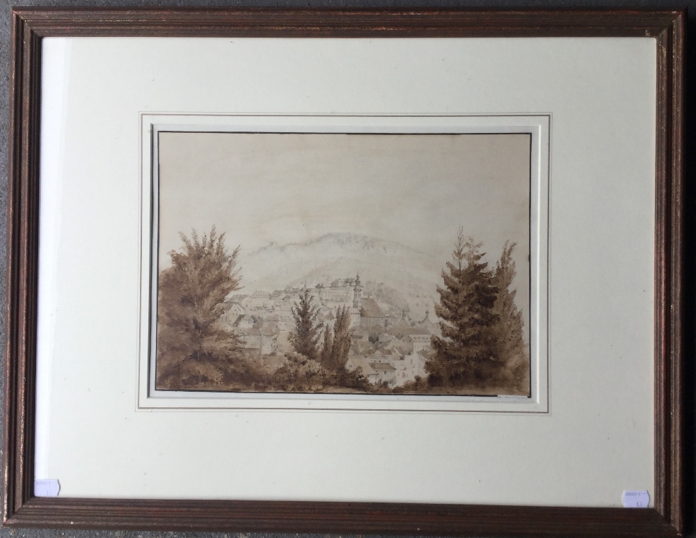 CHARLES SCHNEIDER (circa 1840), View of Baden, sepia pencil and wash, framed and glazed. 39 x 28 cm.