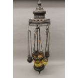 A Moroccan stained glass mounted hanging light. 94 cm high.