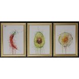 Egg, Avocado and Chilli, three prints, each framed and glazed. Each 20 x 29 cm.