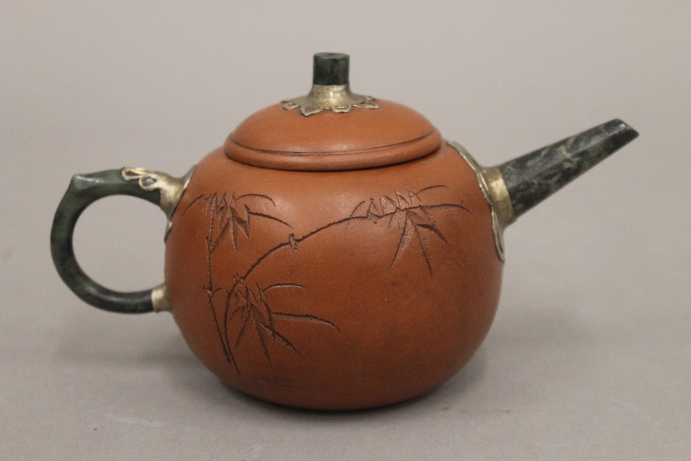 A Chinese Ying Xing and jade teapot. 18 cm long. - Bild 3 aus 6