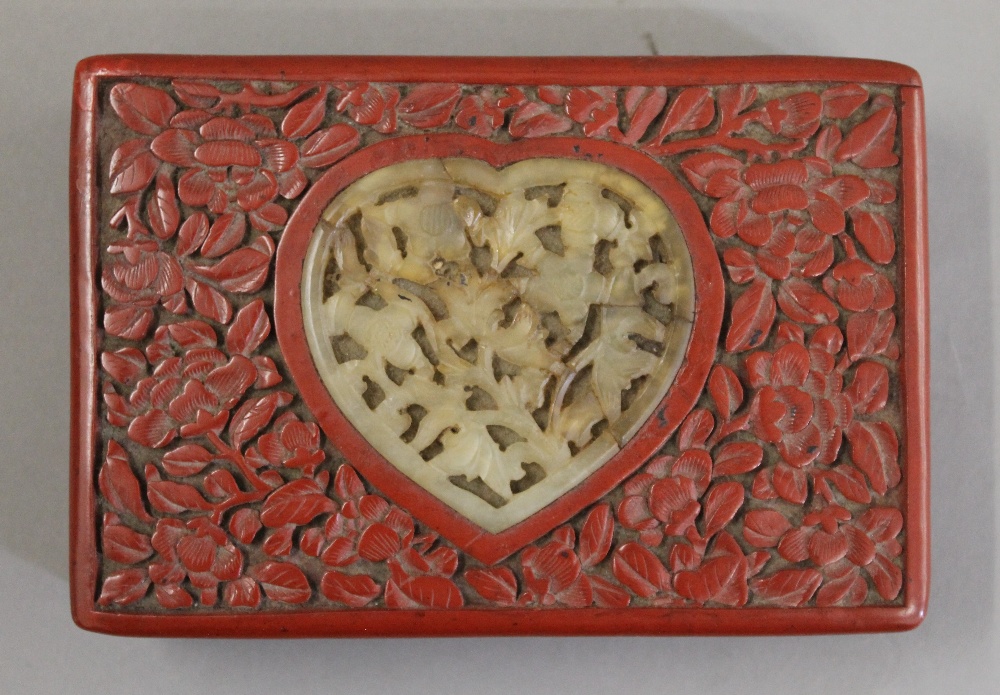 A cinnabar and jade box. 14.5 cm wide. - Image 6 of 7