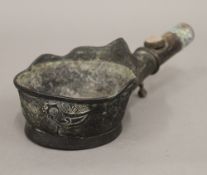 A Chinese cloisonne and rose quartz mounted bronze food pot. 26 cm long.