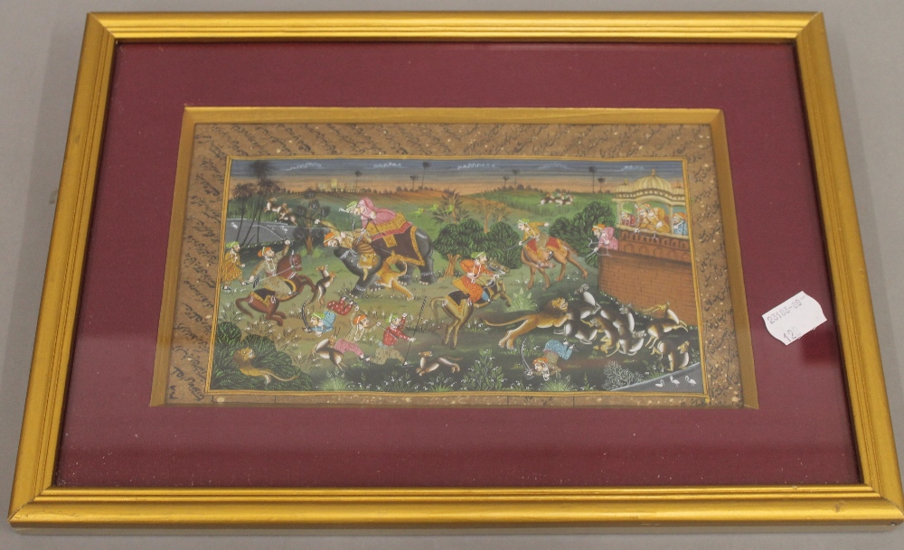 A 19th century Indian watercolour depicting a hunting scene, framed and glazed. 23.5 x 13.5 cm.