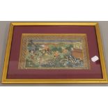 A 19th century Indian watercolour depicting a hunting scene, framed and glazed. 23.5 x 13.5 cm.