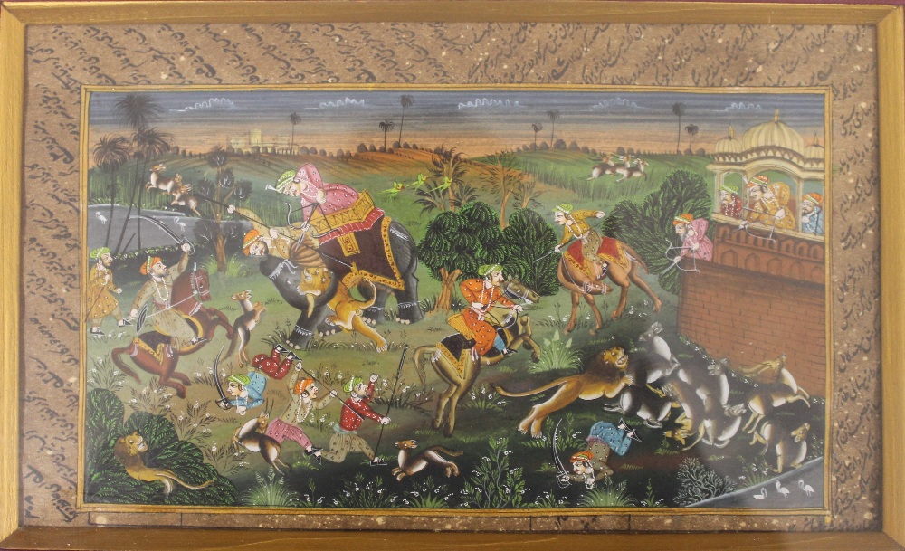 A 19th century Indian watercolour depicting a hunting scene, framed and glazed. 23.5 x 13.5 cm. - Image 2 of 3