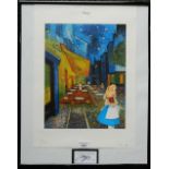 Van Gogh Cafe with Alice in Wonderland, print, signed, framed and glazed. 44.5 x 32 cm.