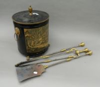 A decorative coal box and a set of fire irons