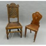 A Victorian oak hall chair and a 17th century style oak chair. The former 85 cm high.