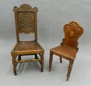 A Victorian oak hall chair and a 17th century style oak chair. The former 85 cm high.