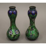 A pair of green ground cloisonne vases. 18 cm high.
