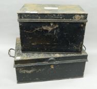 Two Victorian tin deed boxes. The largest 48 cm wide.