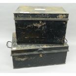 Two Victorian tin deed boxes. The largest 48 cm wide.