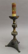 An antique Chinese cloisonne candlestick, converted to a lamp. 41 cm high overall.