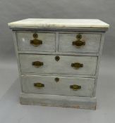 A blue painted marble topped chest of drawers. 76 cm wide.