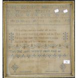 A Victorian needlework sampler, dated 1852, framed and glazed. 40.5 x 44 cm.