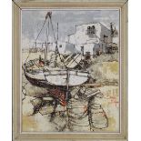 BERNARD DUFOUR, Fishing Boats on a Mediterranean Beach, oil, signed, framed. 36 x 45 cm.