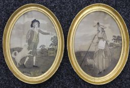 Two late 18th/early 19th century oval framed silk work pictures depicting a Shepherd and