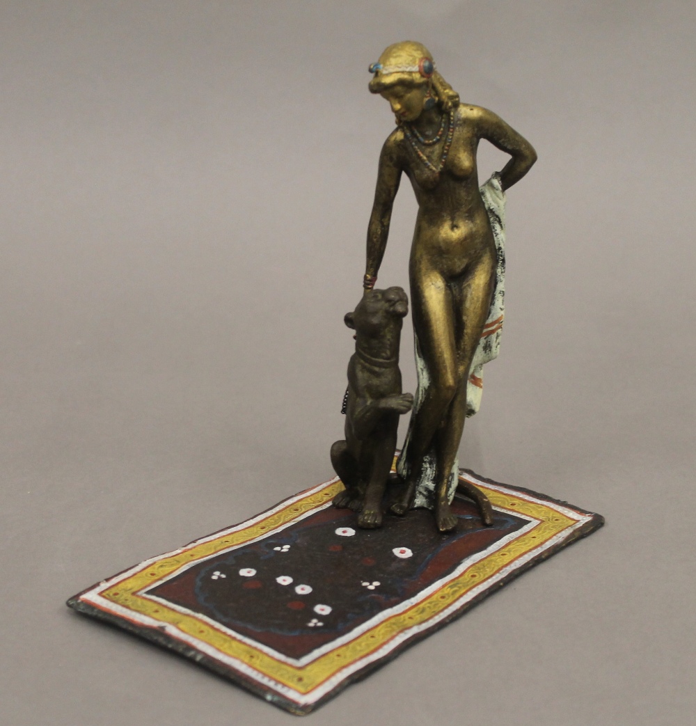 A cold painted bronze model of a girl and leopard. 16 cm high. - Bild 3 aus 5