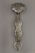 A Chinese silvered bronze ruyi sceptre. 35 cm long.