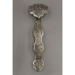 A Chinese silvered bronze ruyi sceptre. 35 cm long.