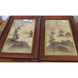 A pair of Japanese pictures, Mountainous Lake Scenes, signed, framed and glazed. 16.5 x 31.5 cm.