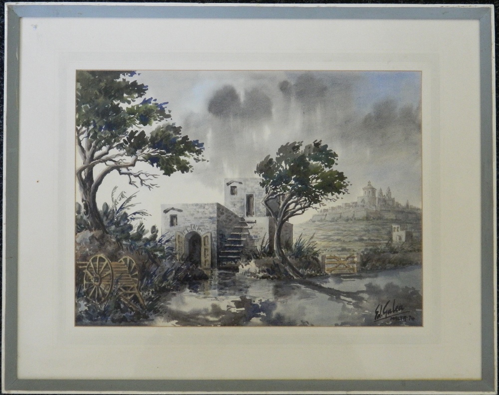 ED GALEA, Malta '74, watercolour, framed and glazed. 37 x 28 cm.