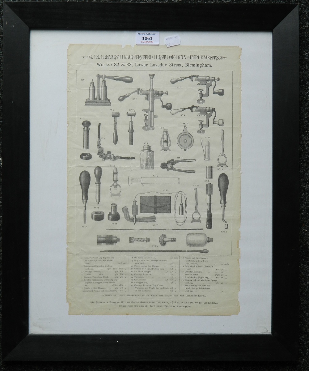 A framed Victorian print of Gun Implements. 28 x 24 cm.