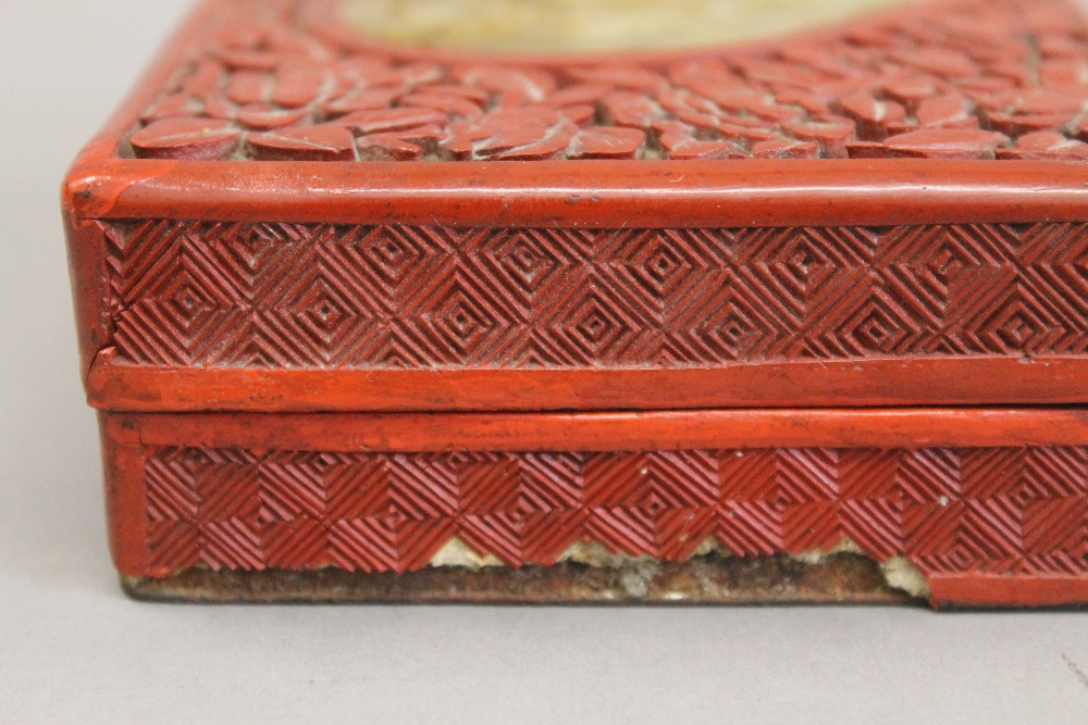 A cinnabar and jade box. 14.5 cm wide. - Image 4 of 7