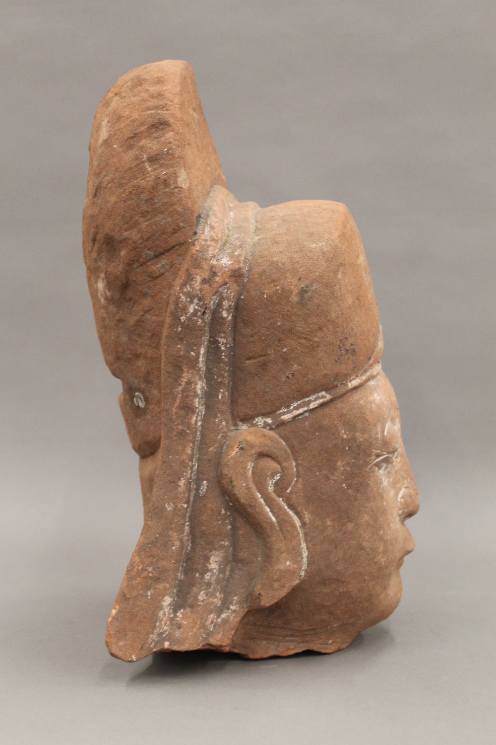 A Chinese carved stone head, possibly Ming. 35 cm high. - Image 3 of 6