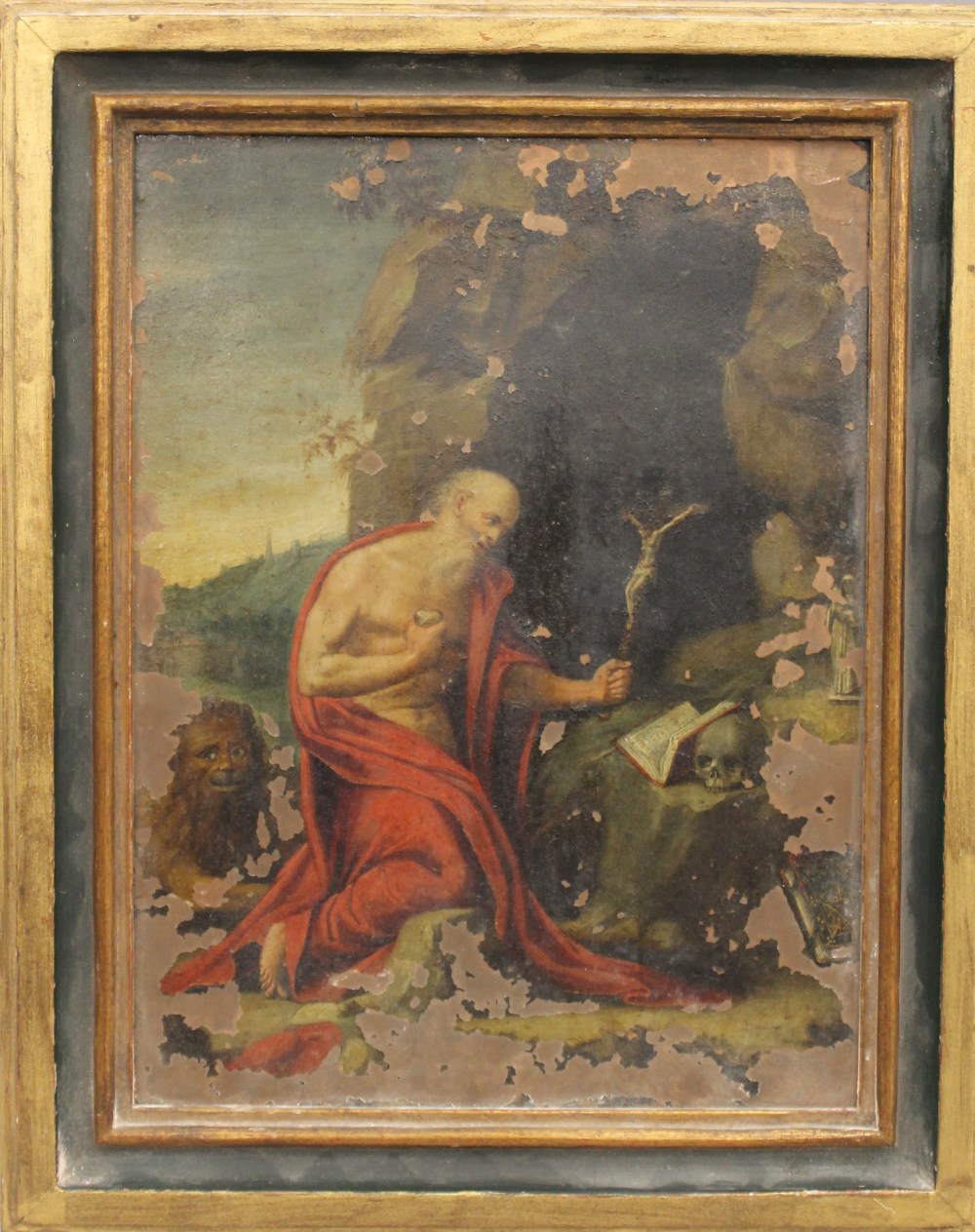 A 17th/18th century oil painting on copper depicting Saint Jerome, framed. 17 x 23 cm.