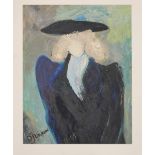 D J LACROIX, Woman in Blue Coat and Hat, oil on paper. 45 x 59 cm.