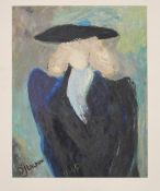 D J LACROIX, Woman in Blue Coat and Hat, oil on paper. 45 x 59 cm.