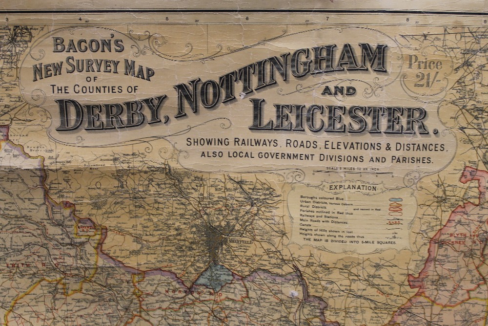 Bacon's New Survey Map of The Counties of Derby, Nottingham and Leicester. 91.5 cm wide. - Image 4 of 4