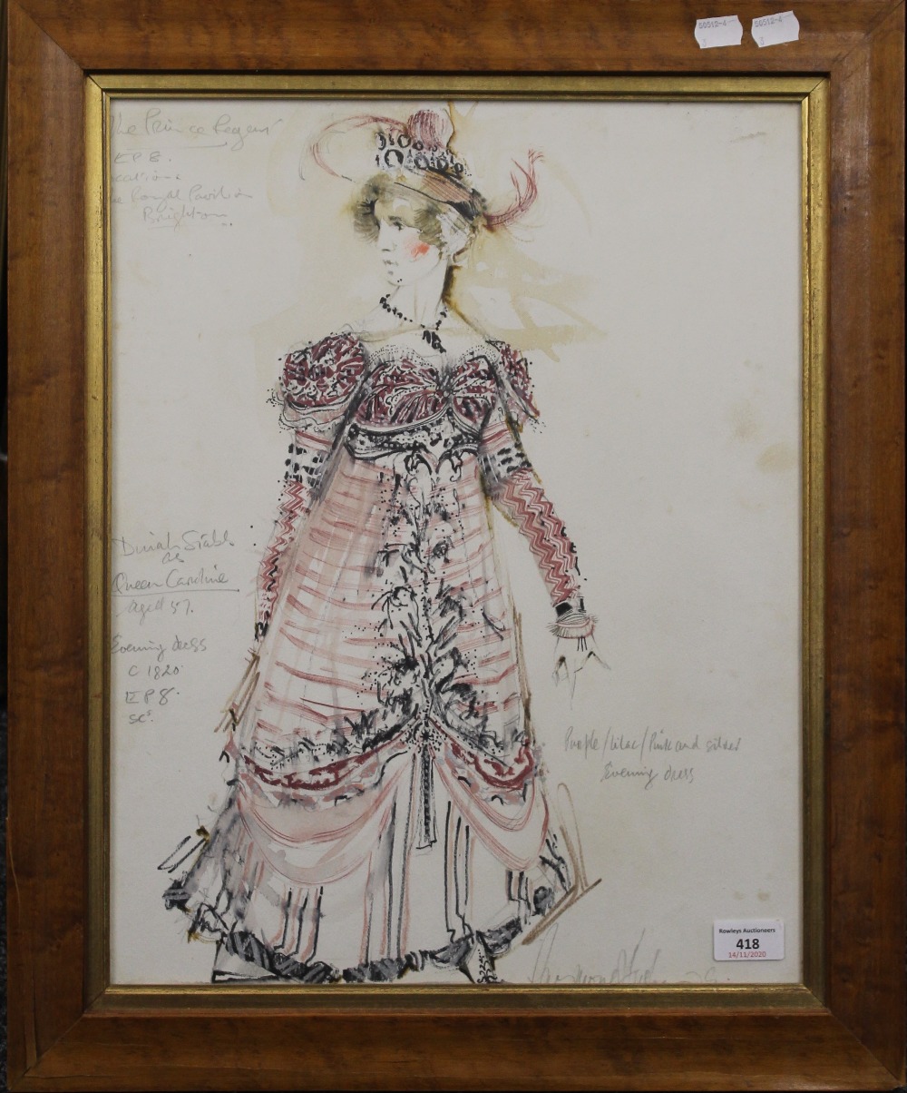 Stage Costume Design, watercolour, indistinctly signed, framed and glazed. 37.5 x 48 cm.