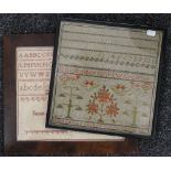 Two Victorian samplers, one dated 1839, the other 1866, each framed and glazed. The former 31 x 31.