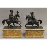 A pair of 19th century Continental patinated bronze models of nobles on horseback,