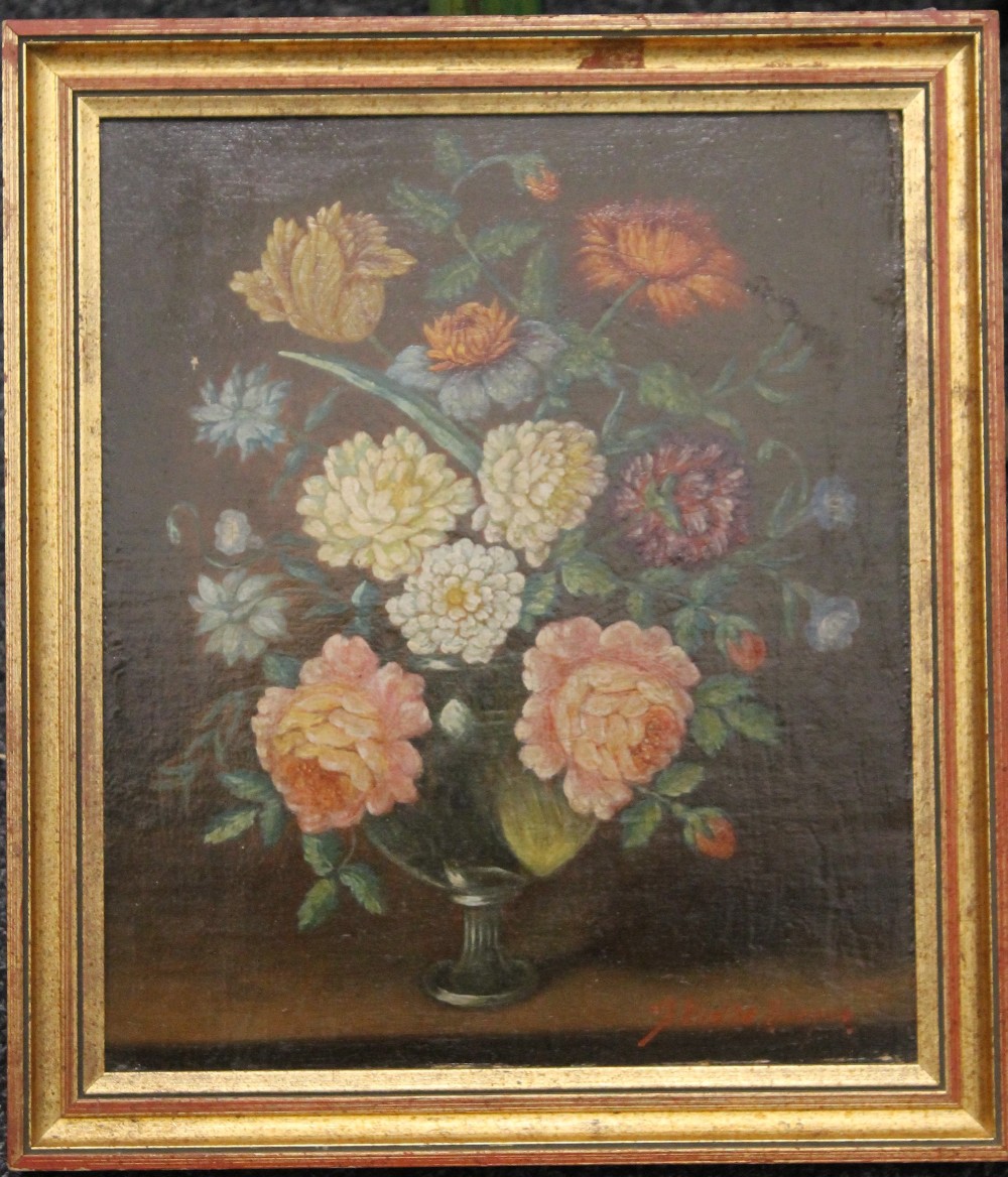 J VAN DE BERGER, Flowers, oil on board, signed, framed. 27.5 x 33 cm.