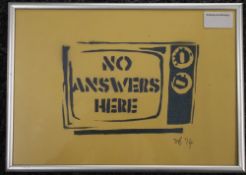 No Answers Here, print, signed and dated SB 14, framed and glazed. 28.5 x 20 cm.