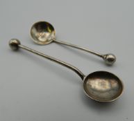 Two silver salt spoons, hallmarked for Birmingham 1903/1908. The largest 6 cm long.