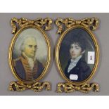 A pair of gilt framed miniatures. 23 cm high.