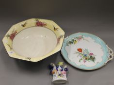 A 19th century porcelain tray, a wash bowl and a Staffordshire figure. The former 40 cm wide.