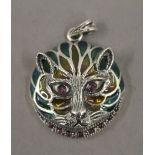 A silver plique a jour cat form pendant. 3 cm wide.