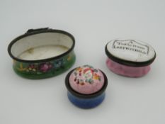 Two 19th century enamel boxes and a base, one inscribed ''A Trifle from Lostwithill''. 3.75 cm wide.